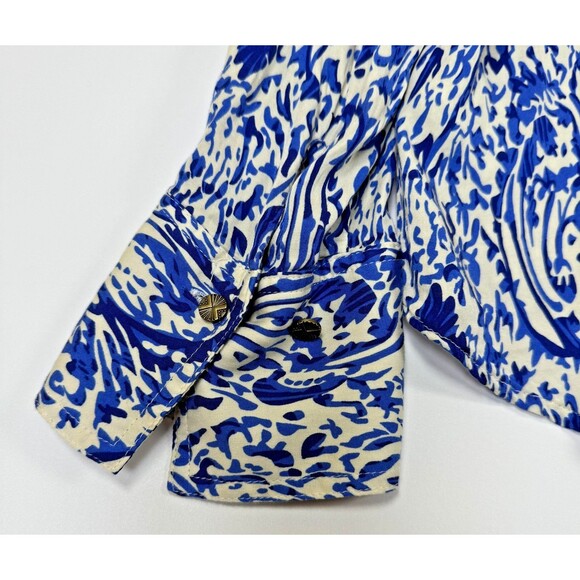 Magaschoni Blouse Womens XL Blue White Paisley Abstract Button Front Long Sleeve - Picture 6 of 12